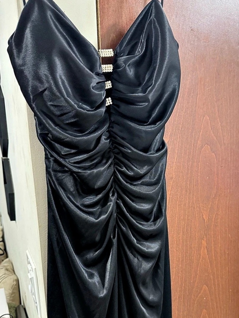 Satin Black Ruched Bodycon Dress with Rhinestone Accents & Open Lace-Up Back